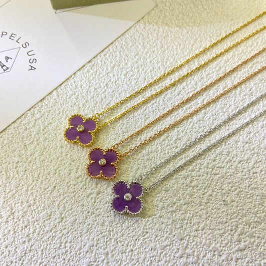 [Lumina Jewelry]CLOVER 15MM DIAMOND  PURPLE VIOLET NECKLACE