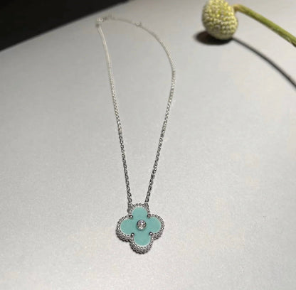 [Lumina]CLOVER 1 DIAMOND LIGHT BLUE SILVER NECKLACE