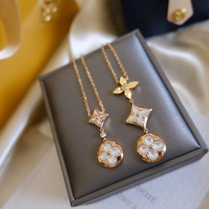 [Lumina]COLOR BLOSSOM LARIAT NECKLACE PINK GOLD WHITE MOTHER PEARL AND DIAMOND
