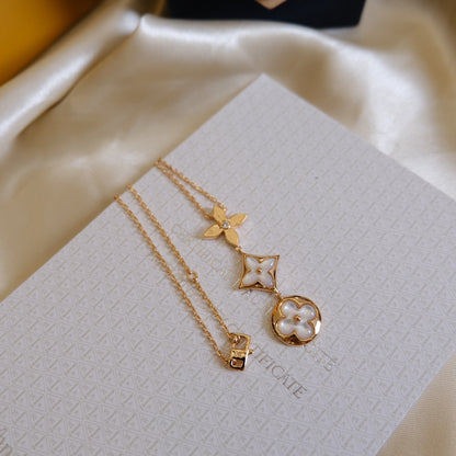 [Lumina]COLOR BLOSSOM LARIAT NECKLACE PINK GOLD WHITE MOTHER PEARL AND DIAMOND