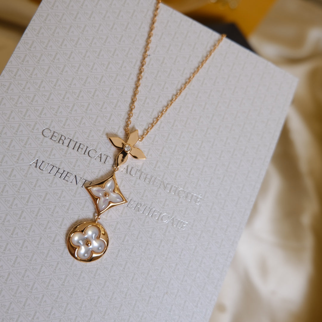 [Lumina]COLOR BLOSSOM LARIAT NECKLACE PINK GOLD WHITE MOTHER PEARL AND DIAMOND