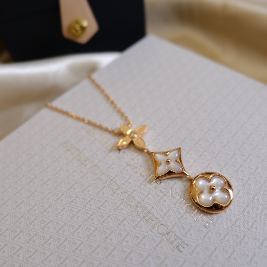 [Lumina]COLOR BLOSSOM LARIAT NECKLACE PINK GOLD WHITE MOTHER PEARL AND DIAMOND