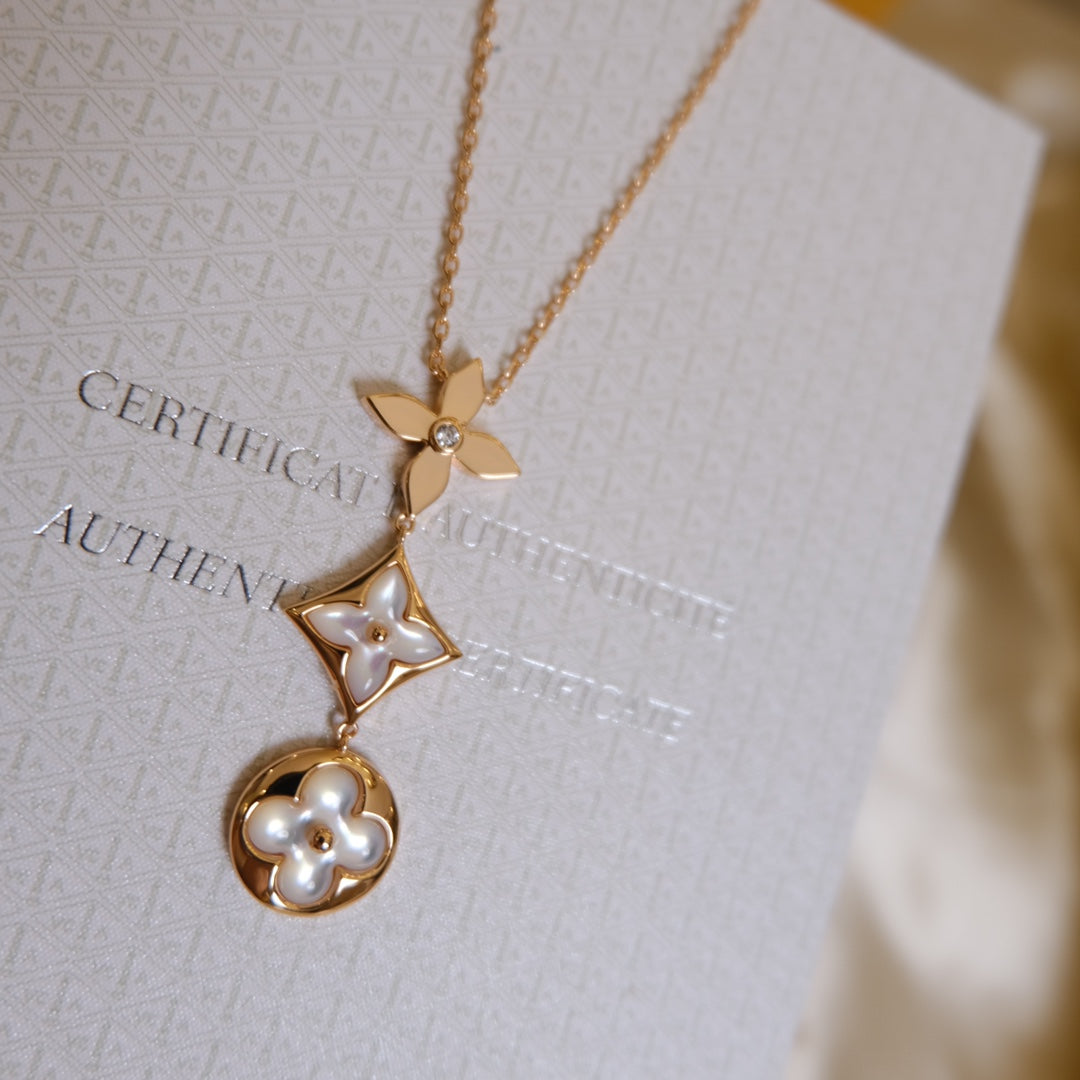 [Lumina]COLOR BLOSSOM LARIAT NECKLACE PINK GOLD WHITE MOTHER PEARL AND DIAMOND