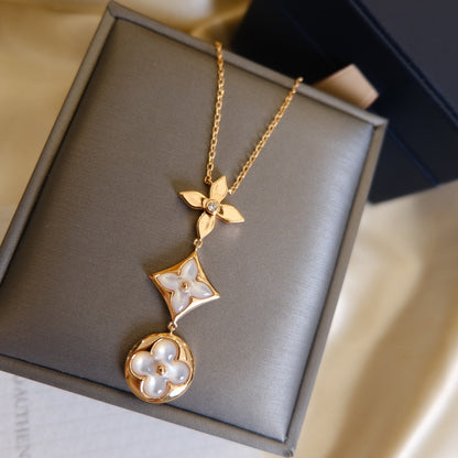 [Lumina]COLOR BLOSSOM LARIAT NECKLACE PINK GOLD WHITE MOTHER PEARL AND DIAMOND