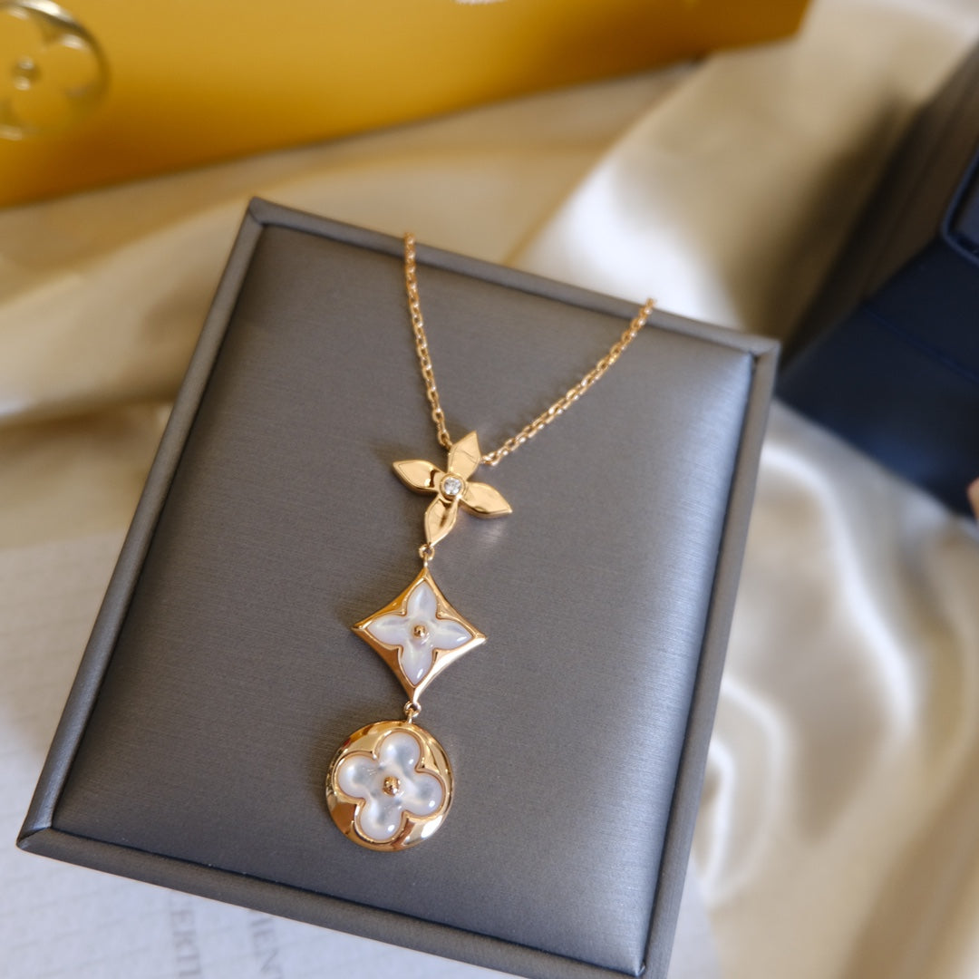 [Lumina]COLOR BLOSSOM LARIAT NECKLACE PINK GOLD WHITE MOTHER PEARL AND DIAMOND