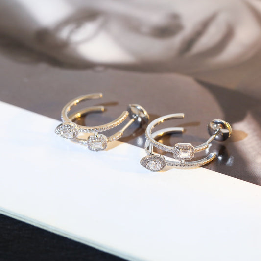 [Lumina]CREOLES MY TWIN 2 RANGS SILVER DIAMOND EARRINGS