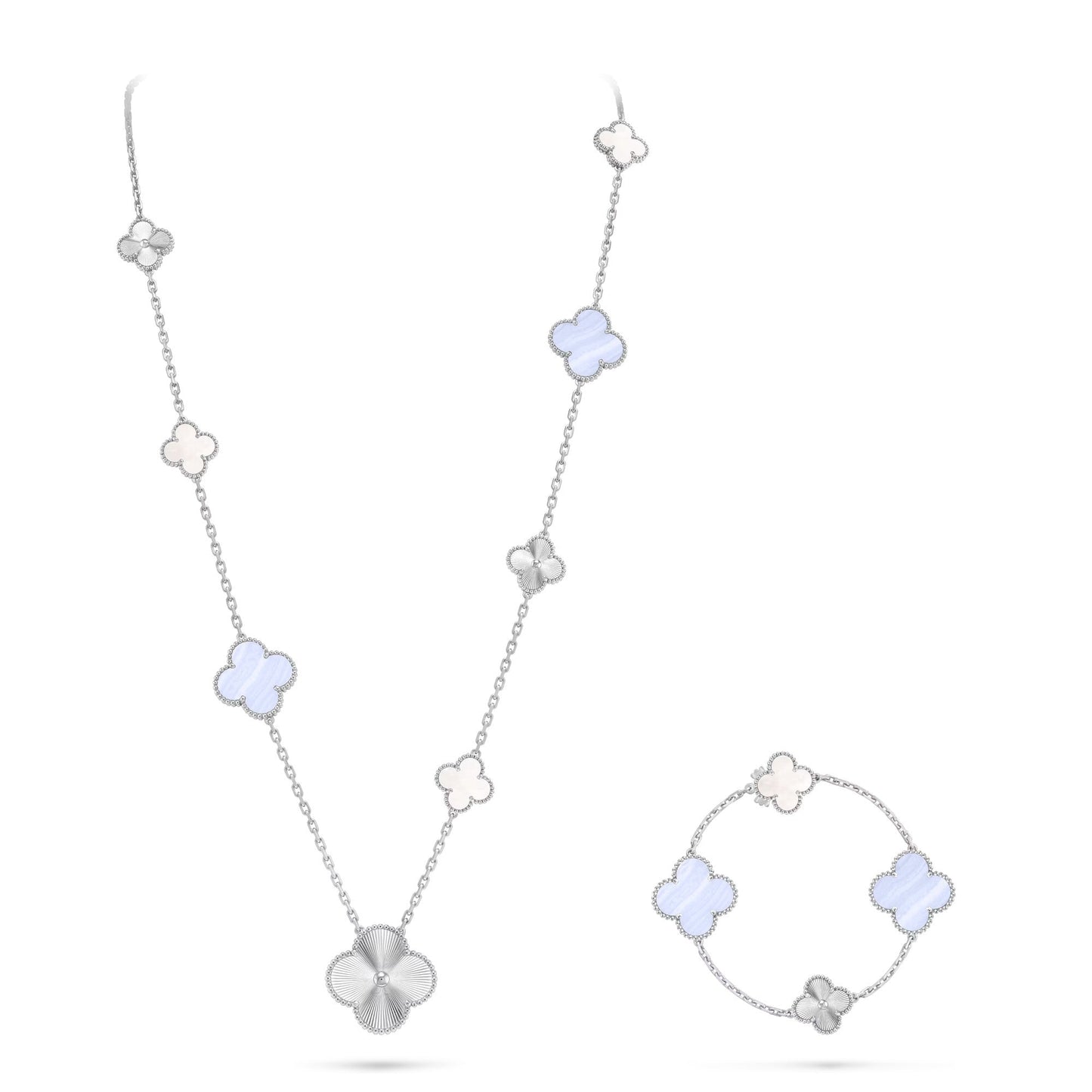 [Lumina]DETACHABLE CLOVER 15(11+4) FLOWER SILVER NECKLACE SET