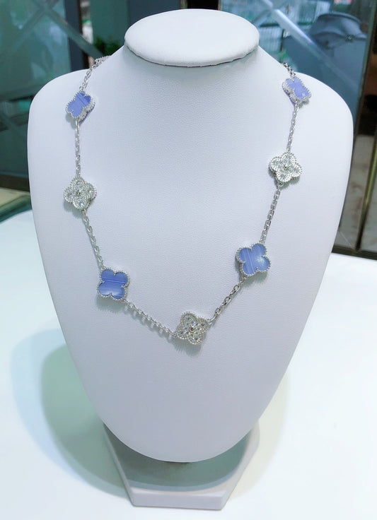 [Lumina]CLOVER 10 MOTIFS CHALCEDONY DIAMONDS SILVER NECKLACE