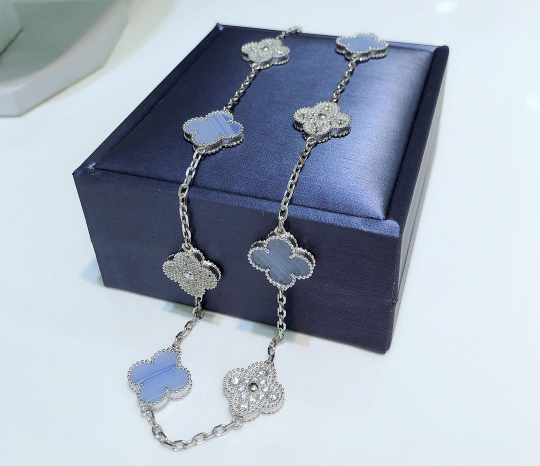 [Lumina]CLOVER 10 MOTIFS CHALCEDONY DIAMONDS SILVER NECKLACE