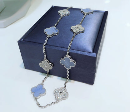 [Lumina]CLOVER 10 MOTIFS CHALCEDONY DIAMONDS SILVER NECKLACE