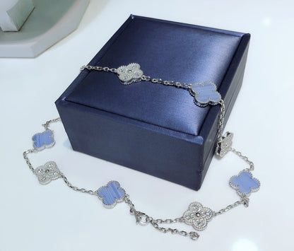 [Lumina]CLOVER 10 MOTIFS CHALCEDONY DIAMONDS SILVER NECKLACE