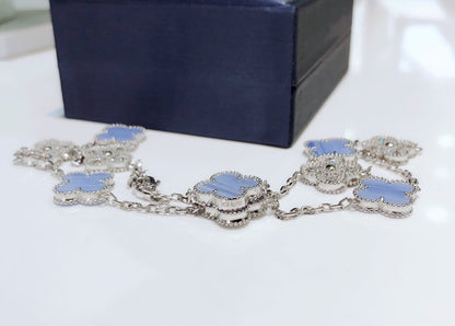 [Lumina]CLOVER 10 MOTIFS CHALCEDONY DIAMONDS SILVER NECKLACE