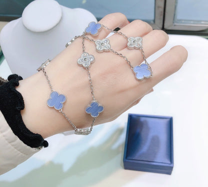 [Lumina]CLOVER 10 MOTIFS CHALCEDONY DIAMONDS SILVER NECKLACE