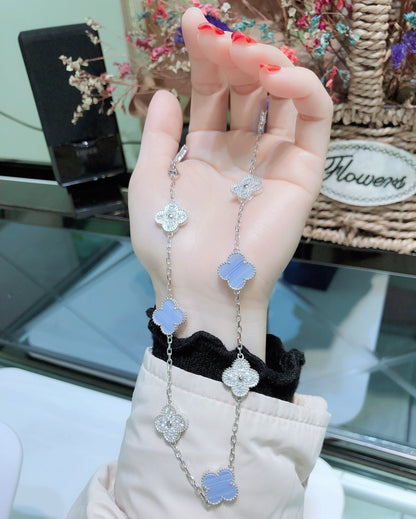 [Lumina]CLOVER 10 MOTIFS CHALCEDONY DIAMONDS SILVER NECKLACE